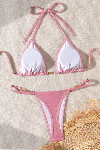 Pink Holographic Metallic Designer Pearl Buckle Thong Sexy 2Pc Swimsuit Bikini - AMIClubwear