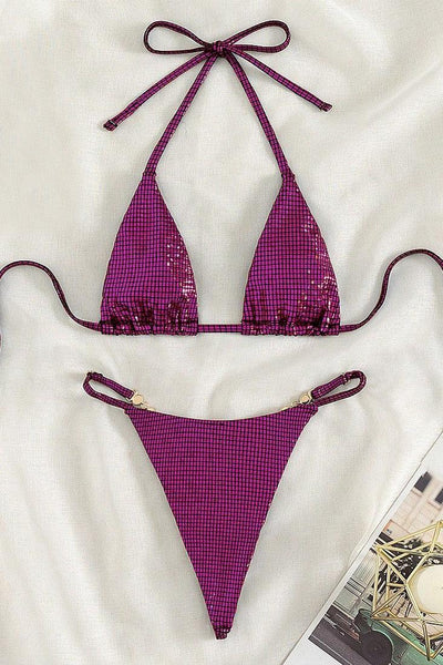 Pink Holographic Rhinestone Thong 2Pc Swimsuit Set Bikini - AMIClubwear