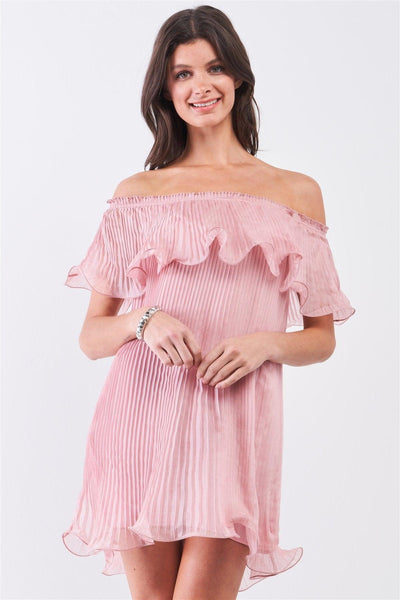 Pink Pleated Off-the-shoulder Double Layered Frill Trim Mini Dress - AMIClubwear