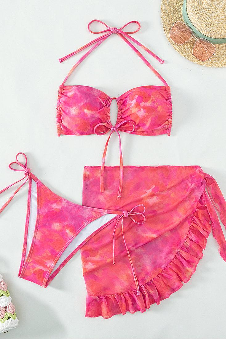 Pink Printed Ruffle Cheeky Bikini Cover-Up 3Pc Swimsuit Set - AMIClubwear