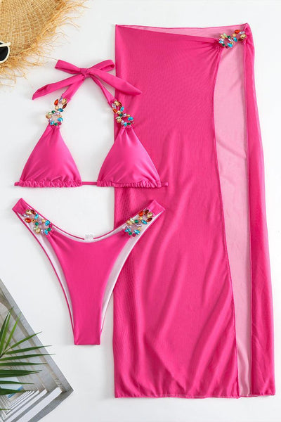 Pink Rhinestones Gem Halter Cheeky Cover-Up 3Pc Swimsuit Set - AMIClubwear