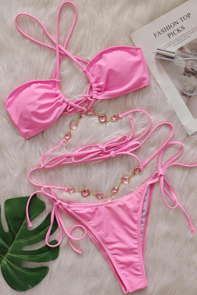 Pink Rhinestones Strappy Bandeau Halter Cheeky 2Pc Swimsuit Bikini - AMIClubwear