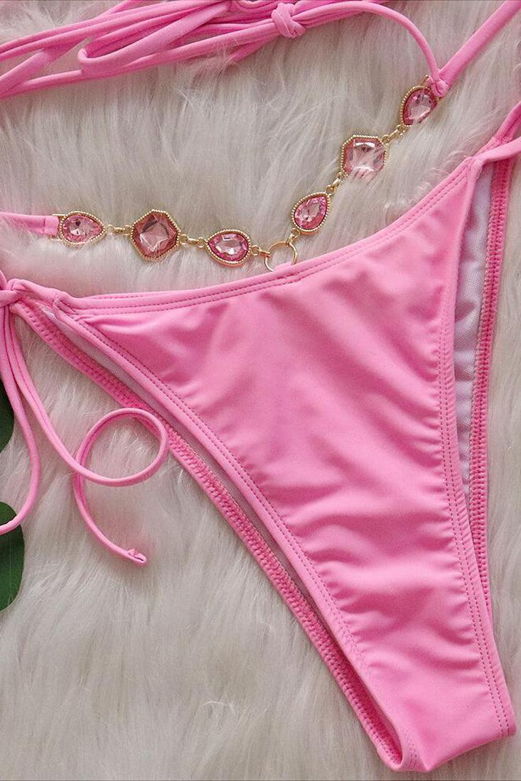 Pink Rhinestones Strappy Bandeau Halter Cheeky 2Pc Swimsuit Bikini - AMIClubwear
