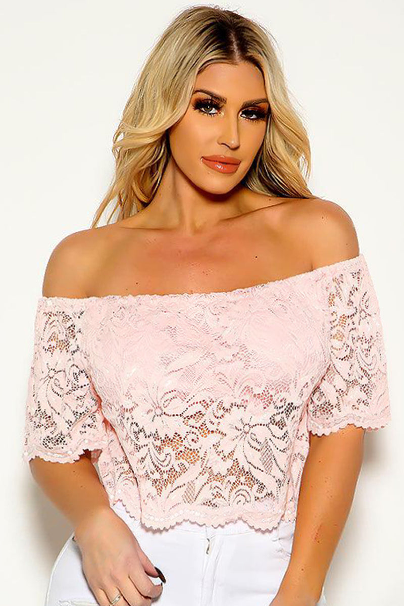 Pink Short Sleeve Off Shoulder Floral Lace Crop Top Amiclubwear 5659