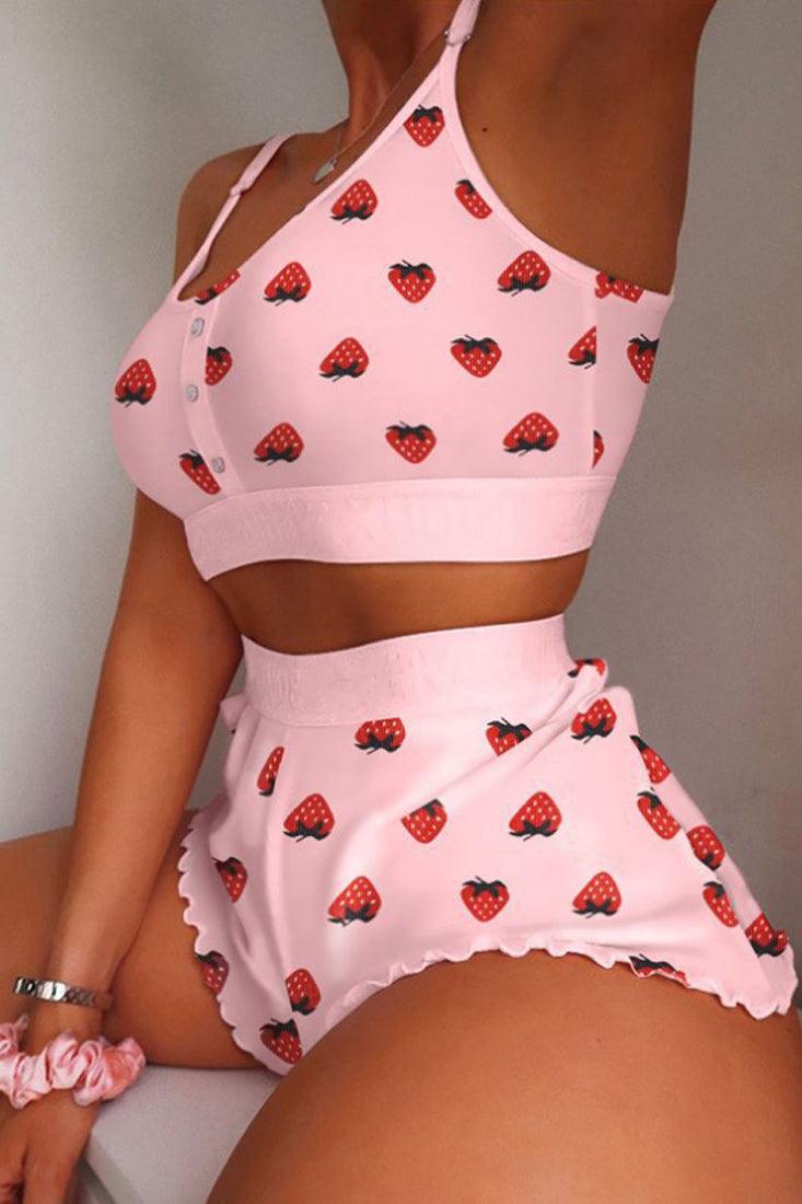 Pink Strawberries Print Crop Top Boy Shorts 2Pc Pajamas PJ Set - AMIClubwear