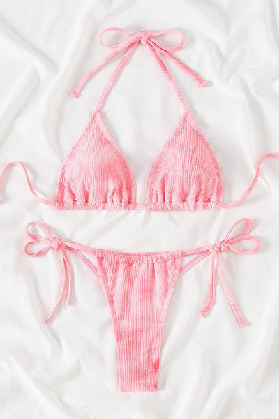 Pink Textured Tie Dye Triangle Draw String Thong Sexy 2Pc Swimsuit Bikini - AMIClubwear