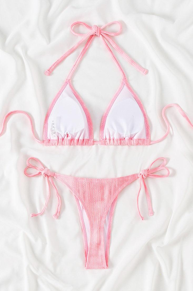 Pink Textured Tie Dye Triangle Draw String Thong Sexy 2Pc Swimsuit Bikini - AMIClubwear