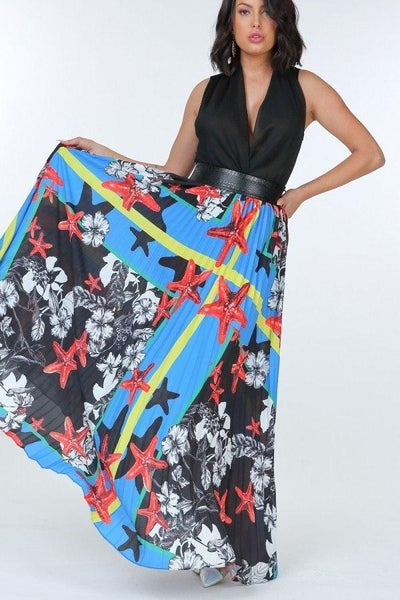 Pleated Print Maxi Skirt With Leather Waist Band - AMIClubwear