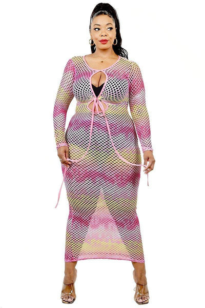 Plus See-through Gradient Fishnet Overlay Dress - AMIClubwear