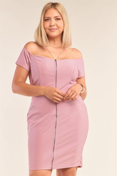 Plus Size Fitted Off-the-shoulder Front Zipper Bodycon Mini Dress - AMIClubwear