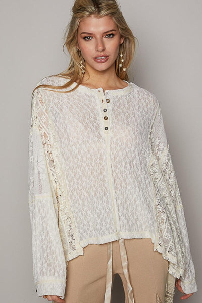 POL Round Neck Long Sleeve Raw Edge Lace Top - AMIClubwear