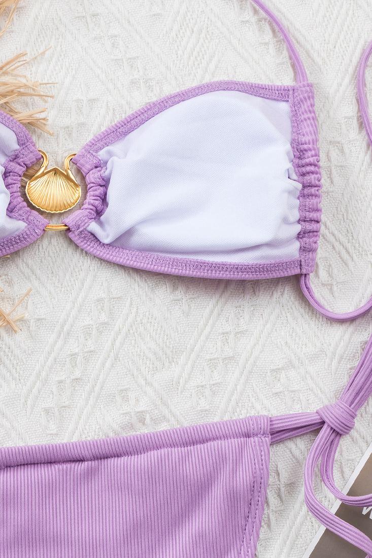 Purple Gold Sea Shell Cut Out Strappy Cheeky 2 Pc Swimsuit Set Bikini - AMIClubwear