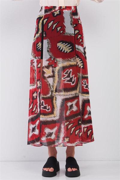 Red & Multi Vintage Graphic Print High-waisted Two Front Slits Maxi Skirt - AMIClubwear