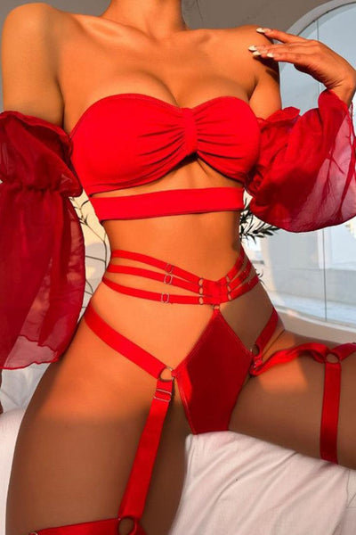Red Bandage Strappy Mesh Puff Long Sleeves Thong Sexy Lingerie Set - AMIClubwear