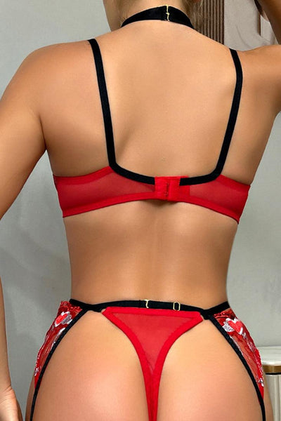 Red Black Heart Embroider Mesh Choker Thong Garter Belt 5Pc Lingerie Set - AMIClubwear