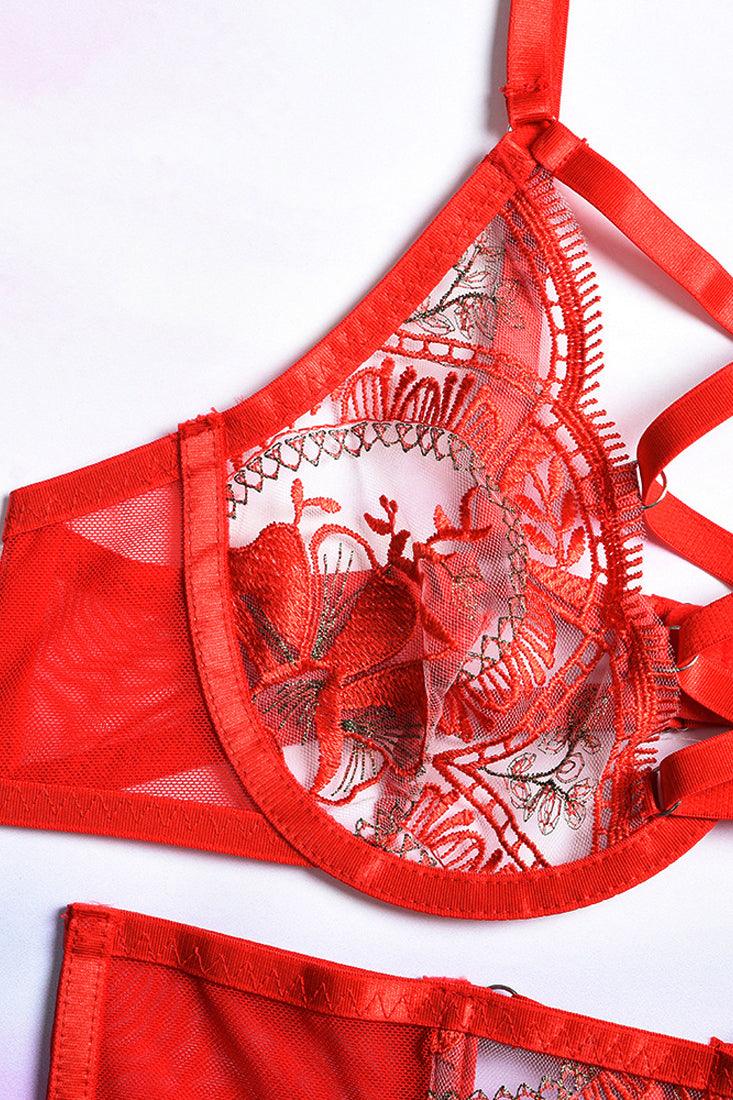 Red Flower Sheer Lace Bra Lace-Up Garter Belt Thong 3Pc Lingerie Set - AMIClubwear