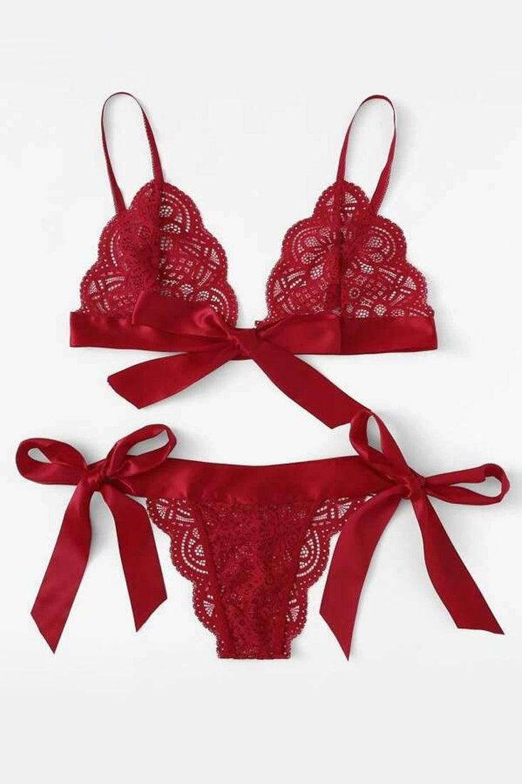 Red Lace Ribbon Bow 2Pc Lingerie Set - AMIClubwear