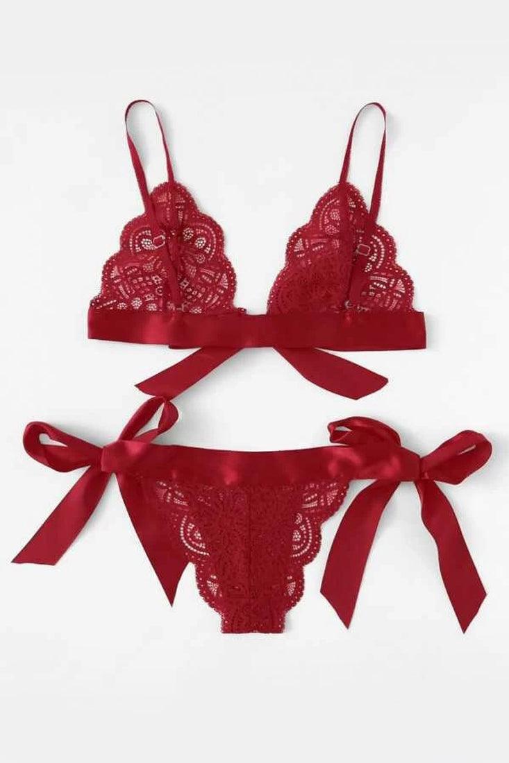 Red Lace Ribbon Bow 2Pc Lingerie Set - AMIClubwear