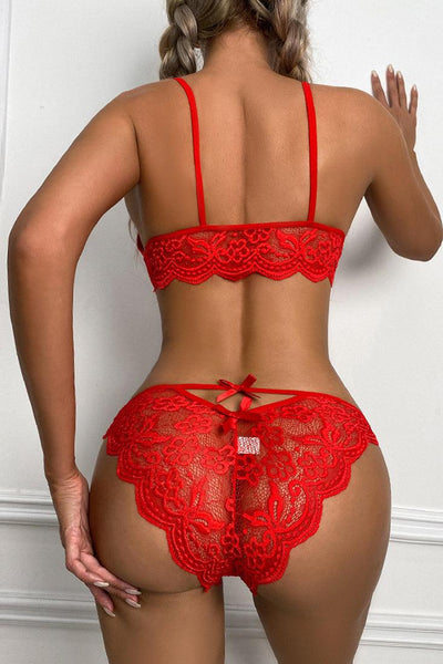 Red Lace Strappy Bow Top Boy Shorts 2Pc Sexy Lingerie Set - AMIClubwear