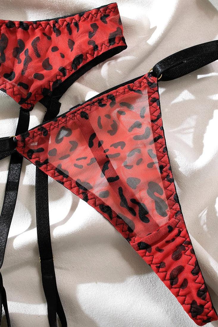 Red Leopard Print Bra Thong Garter Belt Stockings 5Pc Lingerie Set - AMIClubwear