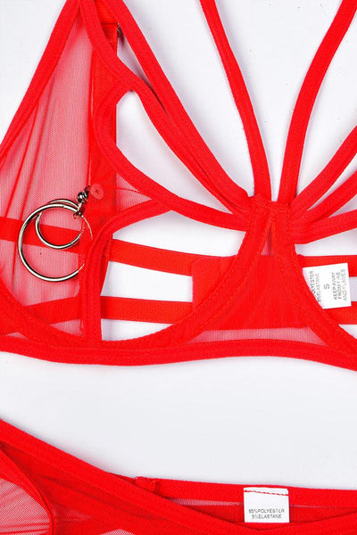 Red Mesh Faux Piercing Strappy Garter Thong Choker 6Pc Lingerie Set - AMIClubwear