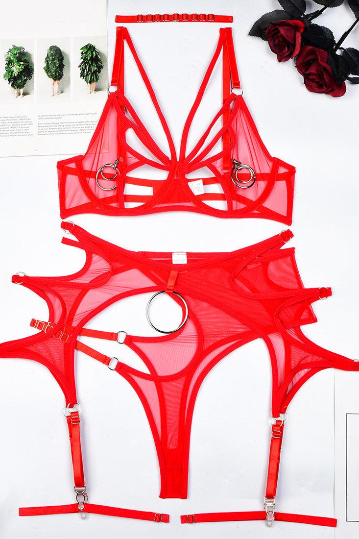 Red Mesh Faux Piercing Strappy Garter Thong Choker 6Pc Lingerie Set - AMIClubwear