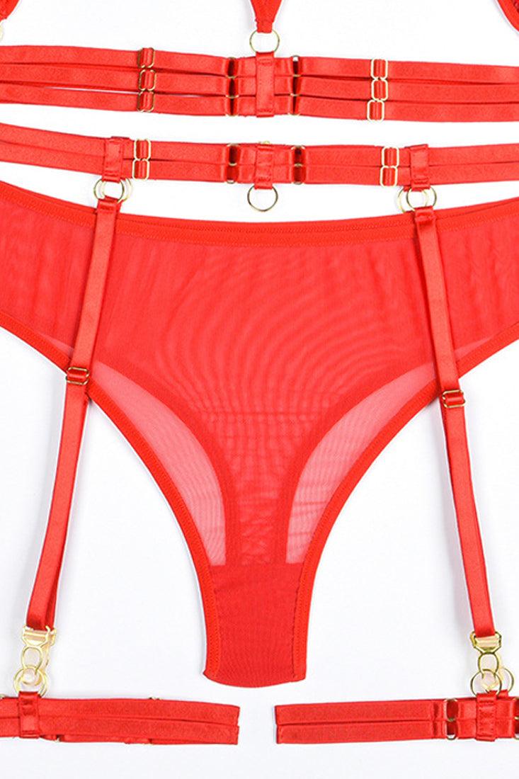 Red Mesh Strappy Long Sleeve Thong Garter Best 5Pc Lingerie Set - AMIClubwear