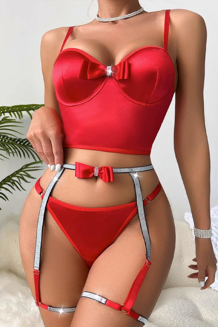 Red Satin Stretchy Sparkly Bow Bustier Thong Garter Belt 3Pc Lingerie Set - AMIClubwear