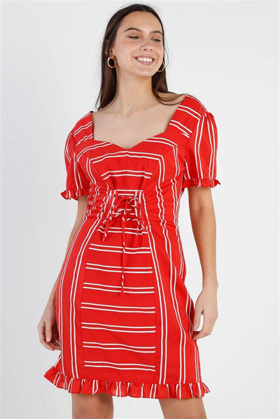 Red Stripe Lace Up Front Detail Ruffle Trim Balloon Sleeve Dress - AMIClubwear