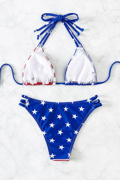 Red White Blue Star Stripe American Flag Strappy 2Pc Sexy Swimsuit Bikini - AMIClubwear