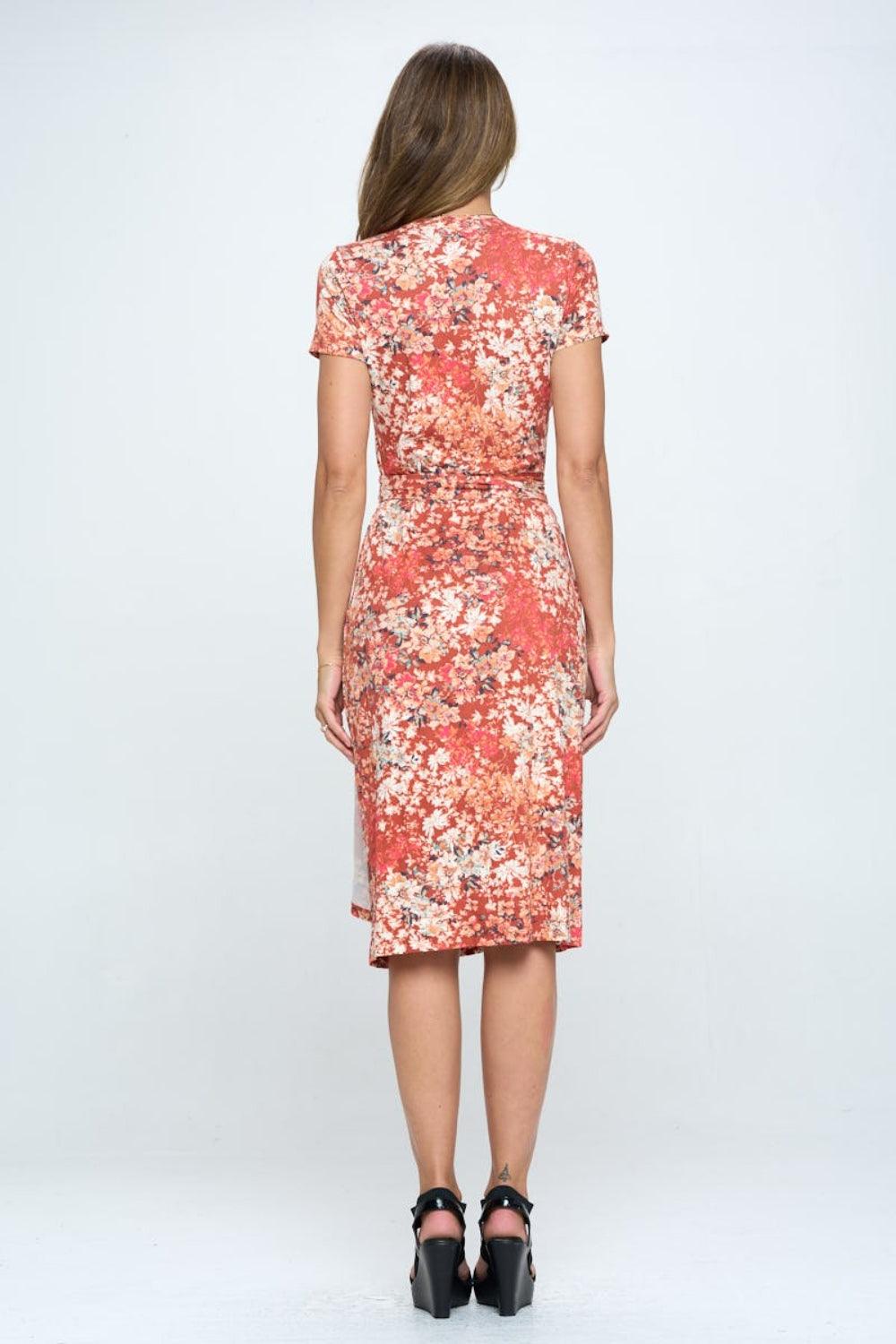 RENEE C Floral Tie Front Surplice Short Sleeve Dress - AMIClubwear