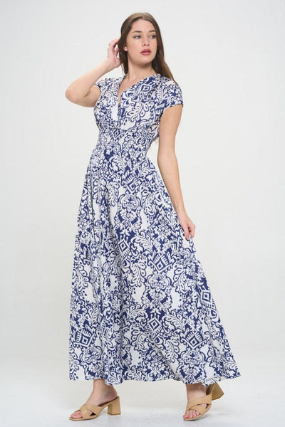RENEE C Printed Smocked Waist Maxi Dress - AMIClubwear