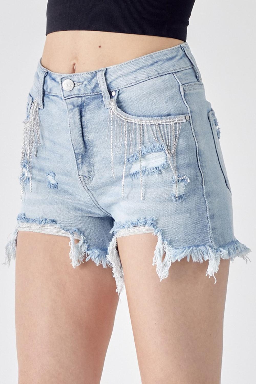 Fringe Trim Distressed Denim Shorts with Pockets main image 0