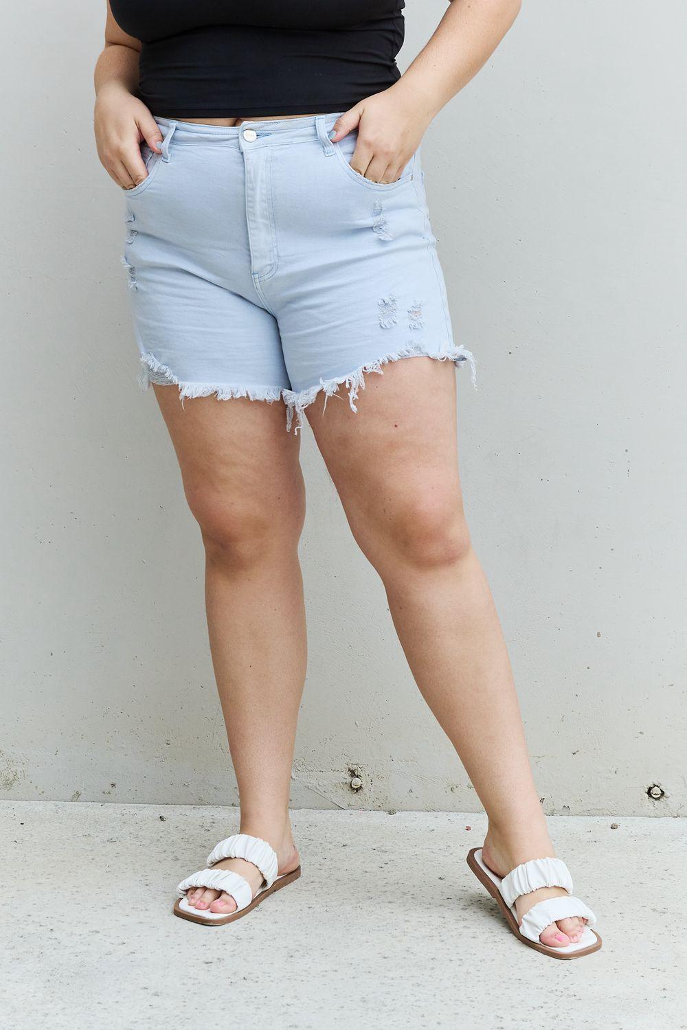 RISEN Katie Full Size High Waisted Distressed Shorts in Ice Blue - AMIClubwear