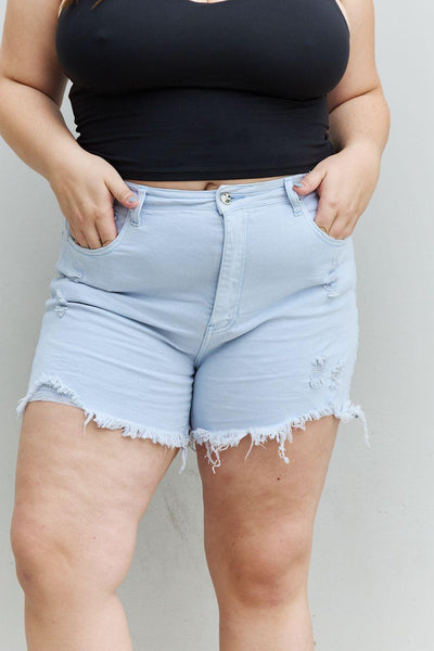 RISEN Katie Full Size High Waisted Distressed Shorts in Ice Blue - AMIClubwear