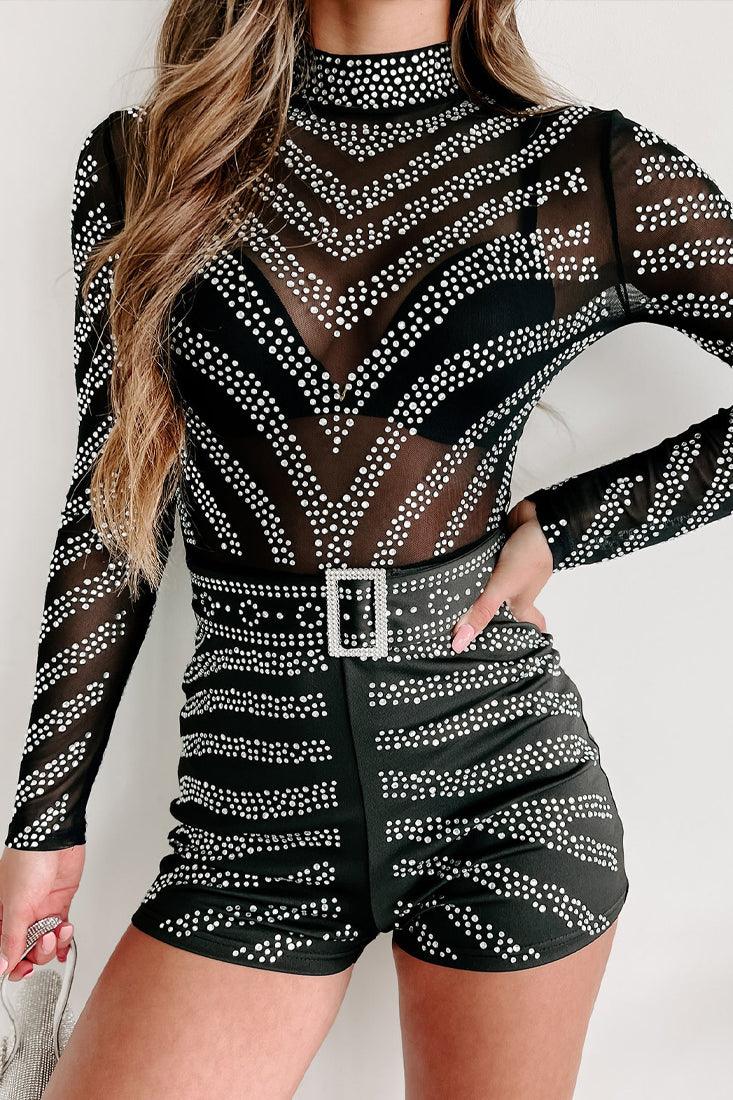 Black Rhinestone Belt Bling Buckle Lined Romper Sexy Outfit - AMIClubwear