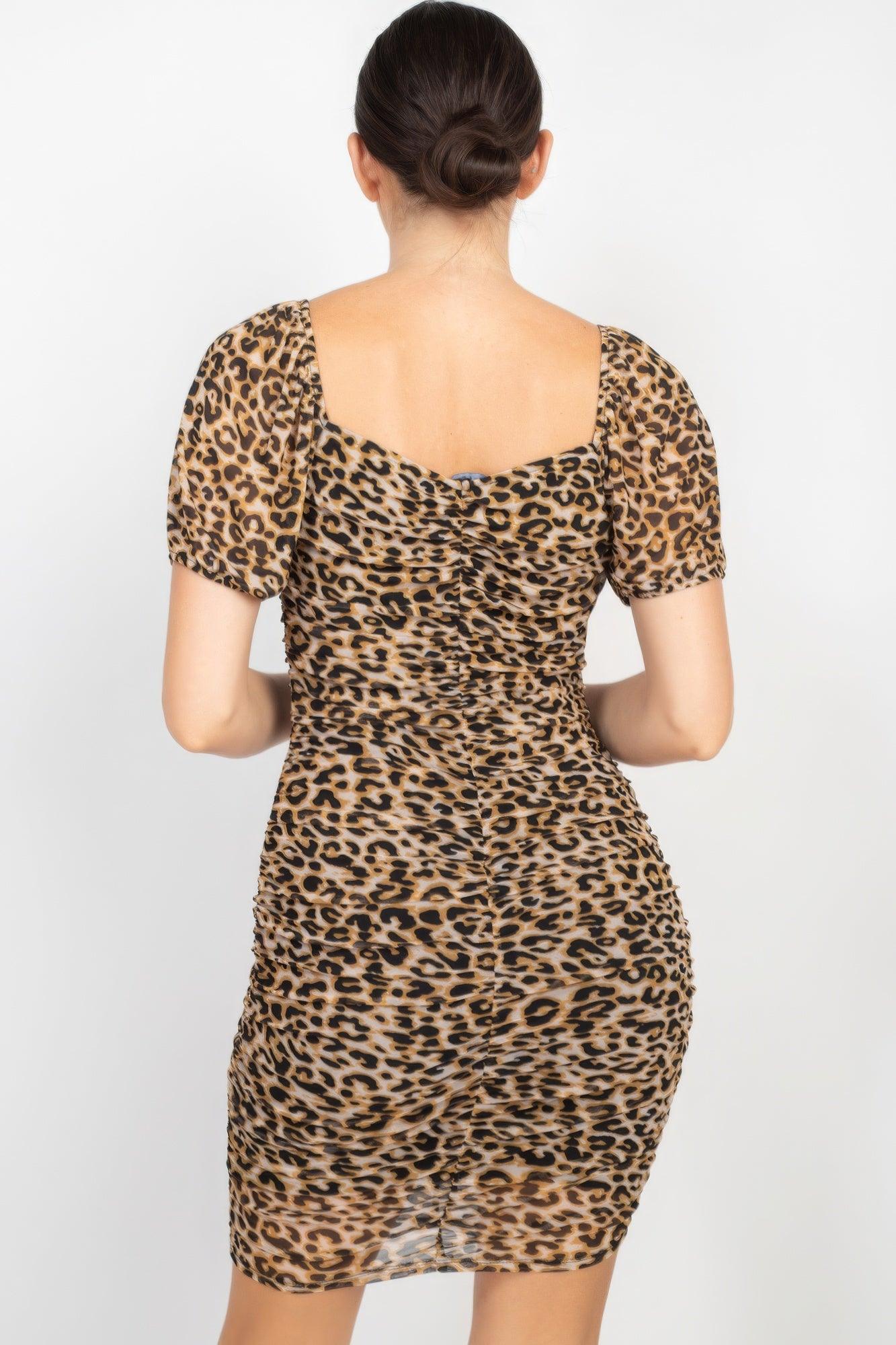 Ruched Leopard Print Bodycon Mini Dress - AMIClubwear