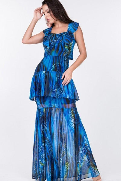 Ruffle Sleeve Tiered Bottom Print Long Dress - AMIClubwear