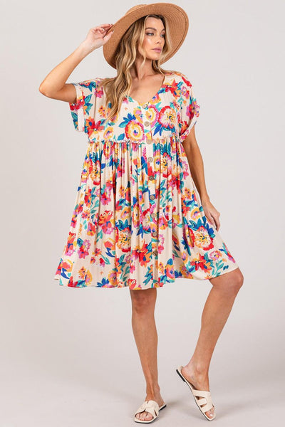 SAGE + FIG Full Size Floral Button-Down Short Sleeve Dress - AMIClubwear