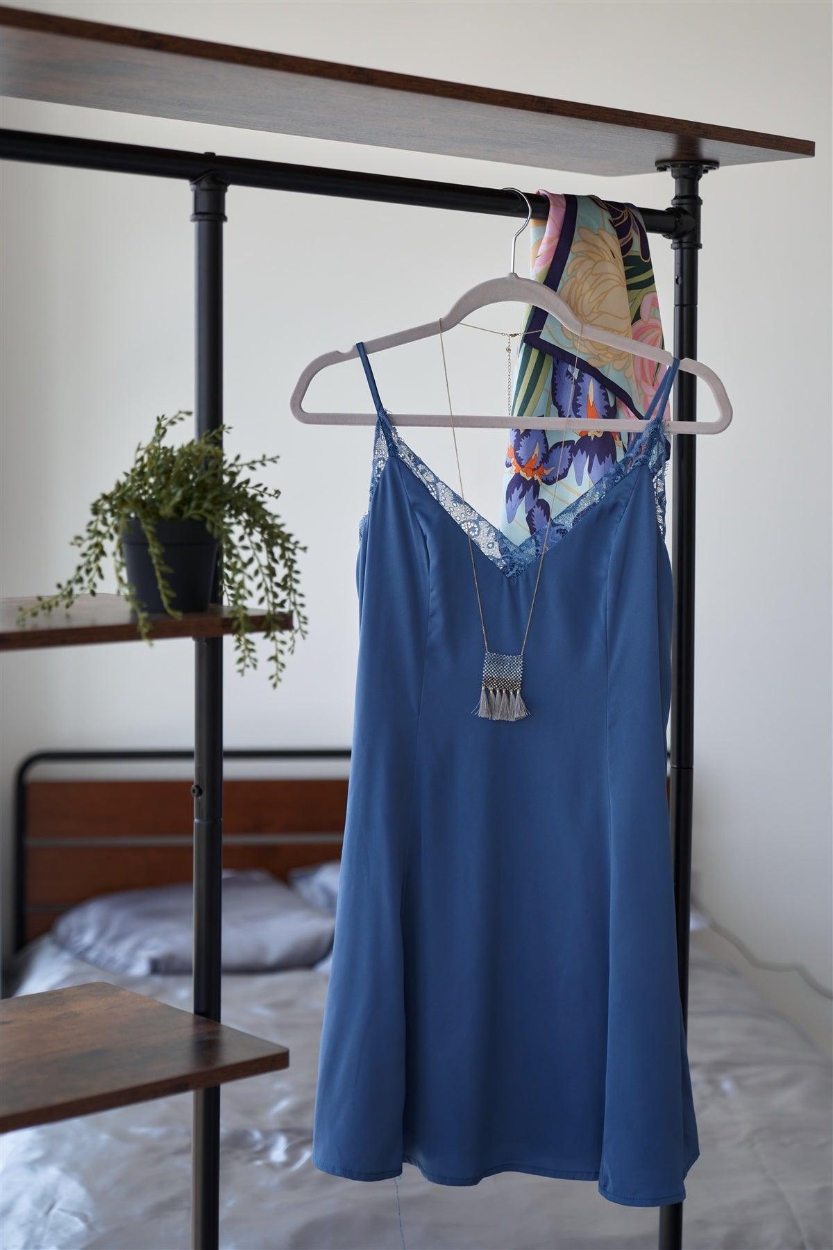 Seafoam Blue V-neck Satin Lace Trim Mini Chic Festival Dress - AMIClubwear