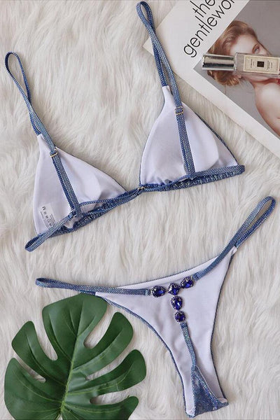 Sexy 2pc Blue Thong Bikini With Gemstones - AMIClubwear