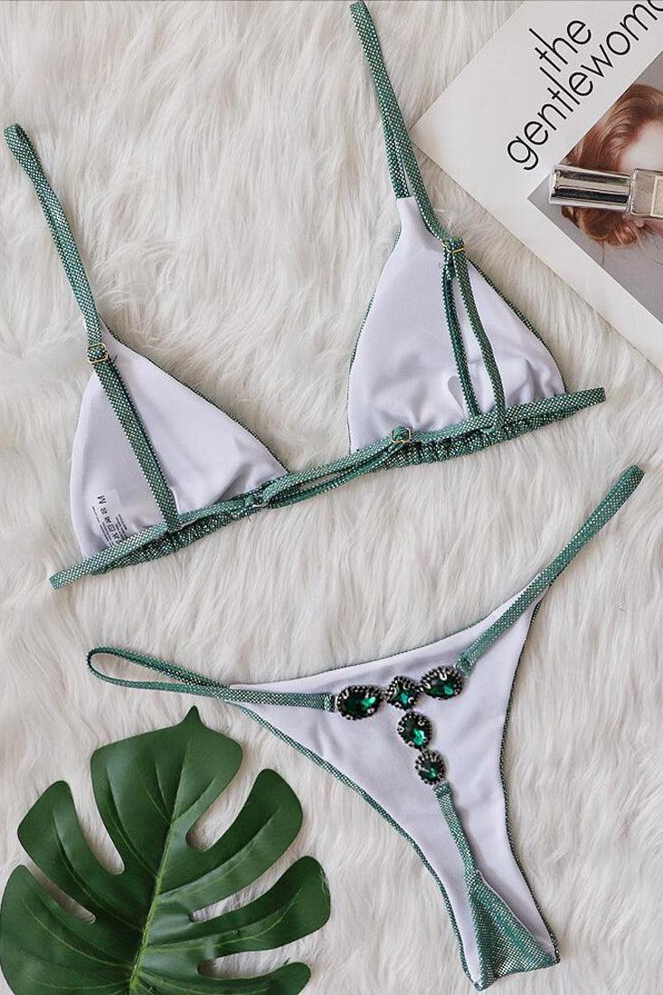 Sexy 2pc Green Thong Bikini With Gemstones - AMIClubwear