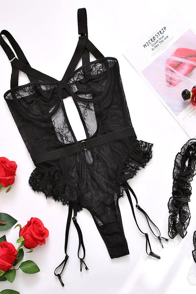Sexy Black Lace Mesh Bodysuit 3Pc Garter Lingerie Set - AMIClubwear