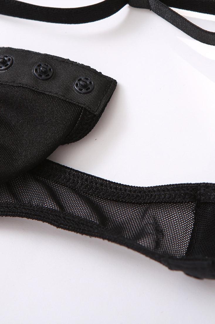 Sexy Black Lace Mesh Bodysuit 3Pc Garter Lingerie Set - AMIClubwear