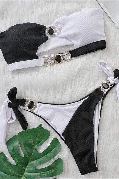 Sexy Black White Color Block 2pc Bikini Gemstones Cheeky Swimsuit - AMIClubwear