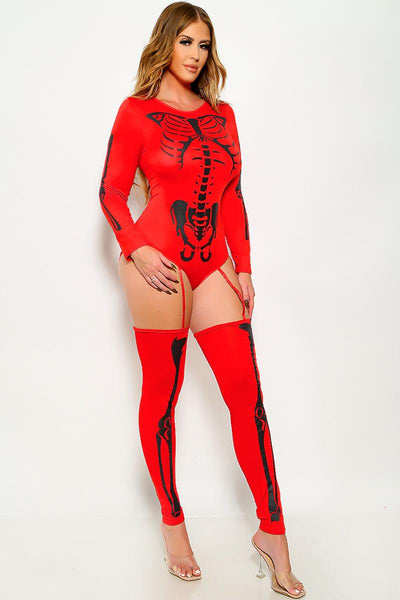 Sexy Bone-A-Fide Skeleton Red Long Sleeve Bodysuit 3 Pc Costume - AMIClubwear