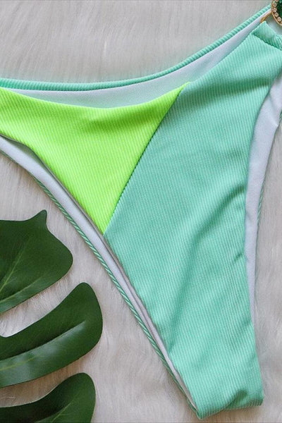 Sexy Green Color Block 2pc Bikini With Gemstones - AMIClubwear