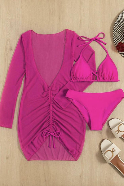 Sexy Pink 3pc Bikini With Beach Dress Coverup - AMIClubwear