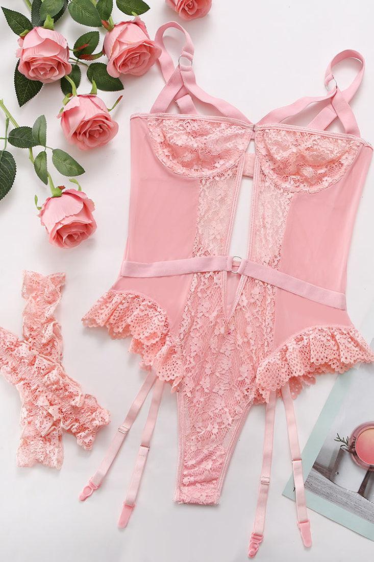 Sexy Pink Lace Mesh Bodysuit 3Pc Garter Lingerie Set - AMIClubwear