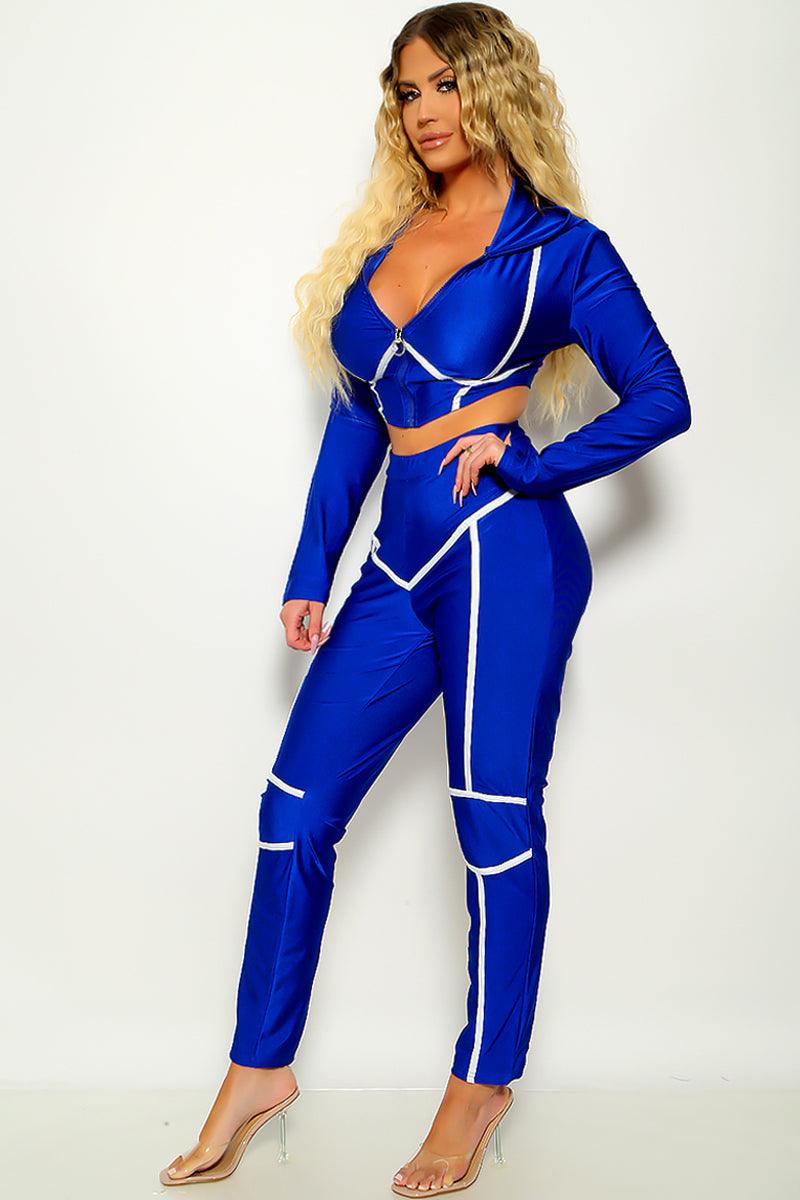 sexy women in latex suits Sexy Royal Blue 2pc Long Sleeve Pants Suit White Trim – AMIClubwear